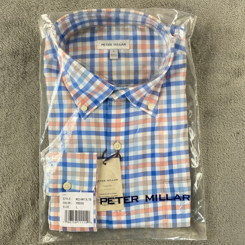 Peter Millar Button Down Crown Lite Mens L Blue Orange Plaid Gingham Stretch